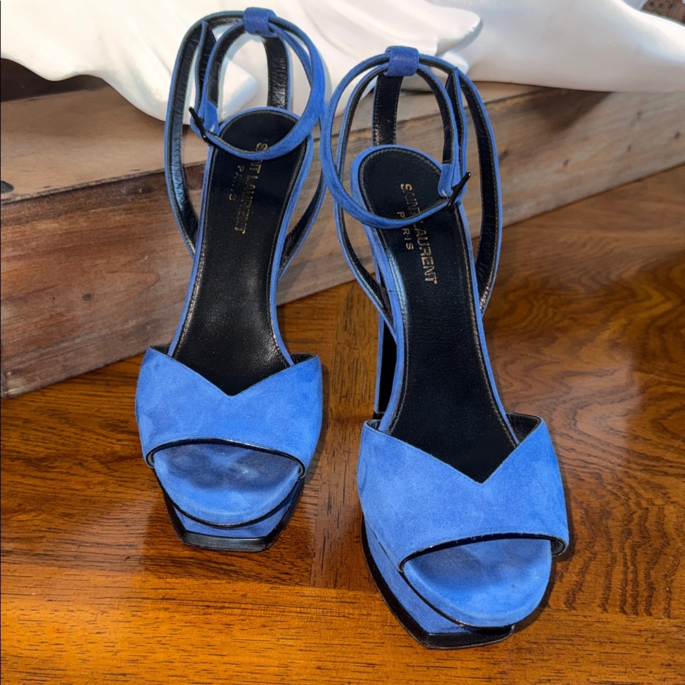 💙 SAINT LAURENT Kid Scamosciato Tribute 105 Open Toe Platform Sandals size 37 💙